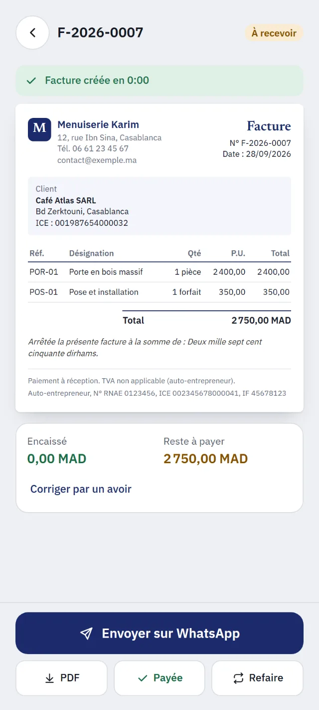 Facture créée, prête à envoyer